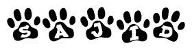 The image shows a series of animal paw prints arranged in a horizontal line. Each paw print contains a letter, and together they spell out the word Sajid.