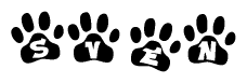 The image shows a series of animal paw prints arranged in a horizontal line. Each paw print contains a letter, and together they spell out the word Sven.
