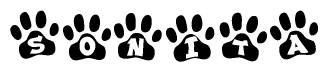 The image shows a series of animal paw prints arranged in a horizontal line. Each paw print contains a letter, and together they spell out the word Sonita.