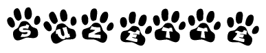 The image shows a row of animal paw prints, each containing a letter. The letters spell out the word Suzette within the paw prints.