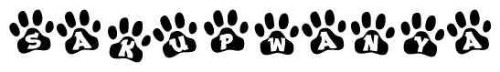 The image shows a row of animal paw prints, each containing a letter. The letters spell out the word Sakupwanya within the paw prints.