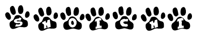 The image shows a row of animal paw prints, each containing a letter. The letters spell out the word Shoichi within the paw prints.