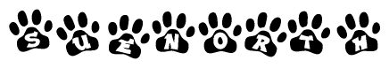 The image shows a series of animal paw prints arranged in a horizontal line. Each paw print contains a letter, and together they spell out the word Suenorth.