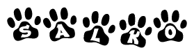 The image shows a series of animal paw prints arranged in a horizontal line. Each paw print contains a letter, and together they spell out the word Salko.