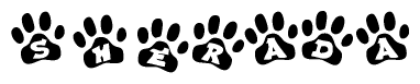 The image shows a series of animal paw prints arranged in a horizontal line. Each paw print contains a letter, and together they spell out the word Sherada.