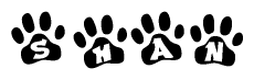 The image shows a row of animal paw prints, each containing a letter. The letters spell out the word Shan within the paw prints.