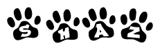 The image shows a row of animal paw prints, each containing a letter. The letters spell out the word Shaz within the paw prints.