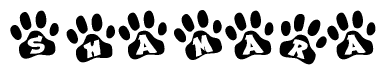 The image shows a series of animal paw prints arranged horizontally. Within each paw print, there's a letter; together they spell Shamara