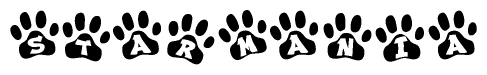 The image shows a series of animal paw prints arranged horizontally. Within each paw print, there's a letter; together they spell Starmania