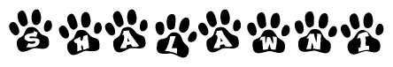The image shows a series of animal paw prints arranged in a horizontal line. Each paw print contains a letter, and together they spell out the word Shalawni.