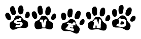 The image shows a series of animal paw prints arranged in a horizontal line. Each paw print contains a letter, and together they spell out the word Svend.