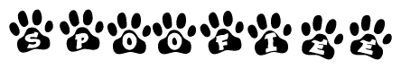 The image shows a series of animal paw prints arranged in a horizontal line. Each paw print contains a letter, and together they spell out the word Spoofiee.