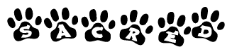 The image shows a row of animal paw prints, each containing a letter. The letters spell out the word Sacred within the paw prints.