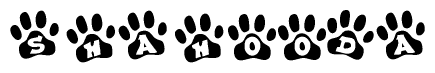 The image shows a series of animal paw prints arranged horizontally. Within each paw print, there's a letter; together they spell Shahooda