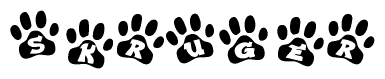 The image shows a series of animal paw prints arranged in a horizontal line. Each paw print contains a letter, and together they spell out the word Skruger.