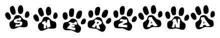 The image shows a row of animal paw prints, each containing a letter. The letters spell out the word Sherzana within the paw prints.