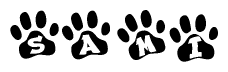 The image shows a row of animal paw prints, each containing a letter. The letters spell out the word Sami within the paw prints.