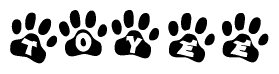 The image shows a row of animal paw prints, each containing a letter. The letters spell out the word Toyee within the paw prints.
