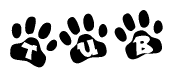The image shows a series of animal paw prints arranged in a horizontal line. Each paw print contains a letter, and together they spell out the word Tub.