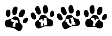 The image shows a series of animal paw prints arranged in a horizontal line. Each paw print contains a letter, and together they spell out the word Thuy.