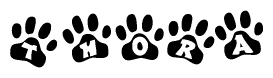 The image shows a row of animal paw prints, each containing a letter. The letters spell out the word Thora within the paw prints.