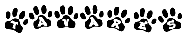 The image shows a series of animal paw prints arranged in a horizontal line. Each paw print contains a letter, and together they spell out the word Tavares.