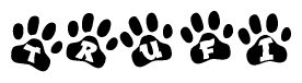 The image shows a series of animal paw prints arranged horizontally. Within each paw print, there's a letter; together they spell Trufi