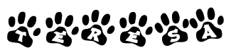 The image shows a row of animal paw prints, each containing a letter. The letters spell out the word Teresa within the paw prints.