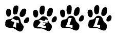 The image shows a row of animal paw prints, each containing a letter. The letters spell out the word Tell within the paw prints.