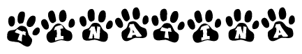 The image shows a series of animal paw prints arranged horizontally. Within each paw print, there's a letter; together they spell Tinatina