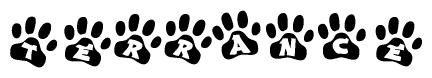 The image shows a series of animal paw prints arranged in a horizontal line. Each paw print contains a letter, and together they spell out the word Terrance.