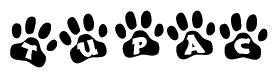 The image shows a series of animal paw prints arranged horizontally. Within each paw print, there's a letter; together they spell Tupac