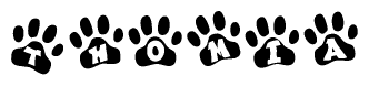 The image shows a series of animal paw prints arranged in a horizontal line. Each paw print contains a letter, and together they spell out the word Thomia.