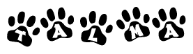The image shows a series of animal paw prints arranged in a horizontal line. Each paw print contains a letter, and together they spell out the word Talma.