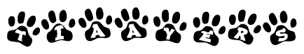 The image shows a row of animal paw prints, each containing a letter. The letters spell out the word Tiaayers within the paw prints.