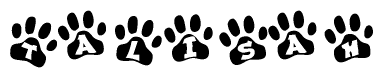 The image shows a row of animal paw prints, each containing a letter. The letters spell out the word Talisah within the paw prints.