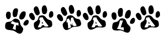 The image shows a row of animal paw prints, each containing a letter. The letters spell out the word Tamala within the paw prints.