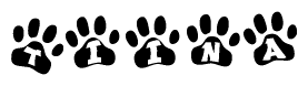 The image shows a row of animal paw prints, each containing a letter. The letters spell out the word Tiina within the paw prints.