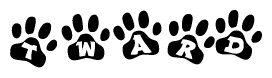 The image shows a series of animal paw prints arranged in a horizontal line. Each paw print contains a letter, and together they spell out the word Tward.