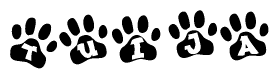 The image shows a series of animal paw prints arranged horizontally. Within each paw print, there's a letter; together they spell Tuija