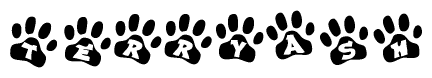 The image shows a row of animal paw prints, each containing a letter. The letters spell out the word Terryash within the paw prints.