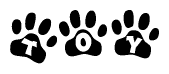 The image shows a series of animal paw prints arranged horizontally. Within each paw print, there's a letter; together they spell Toy