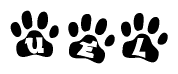 The image shows a series of animal paw prints arranged horizontally. Within each paw print, there's a letter; together they spell Uel