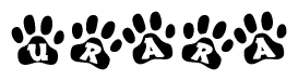 The image shows a series of animal paw prints arranged horizontally. Within each paw print, there's a letter; together they spell Urara