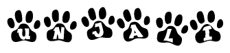 The image shows a series of animal paw prints arranged in a horizontal line. Each paw print contains a letter, and together they spell out the word Unjali.