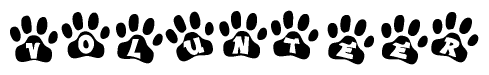 The image shows a series of animal paw prints arranged in a horizontal line. Each paw print contains a letter, and together they spell out the word Volunteer.