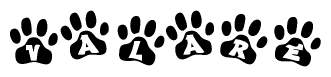 The image shows a series of animal paw prints arranged in a horizontal line. Each paw print contains a letter, and together they spell out the word Valare.