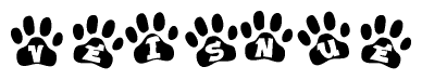 The image shows a series of animal paw prints arranged in a horizontal line. Each paw print contains a letter, and together they spell out the word Veisnue.