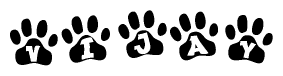 The image shows a row of animal paw prints, each containing a letter. The letters spell out the word Vijay within the paw prints.