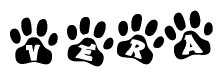 The image shows a series of animal paw prints arranged in a horizontal line. Each paw print contains a letter, and together they spell out the word Vera.